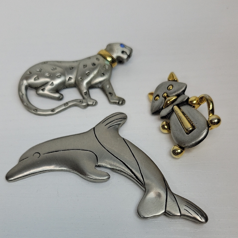 Silver Tone Dolphin, Leopard & Cat Brooch Set - Silver & Gold Accents
